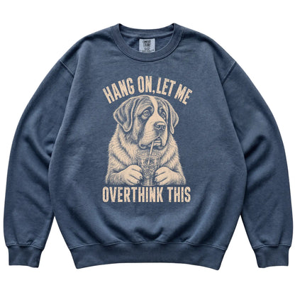 Denim Comfort Colors sweatshirt featuring St Bernard Iced Coffee Overthink, laid-flat presentation