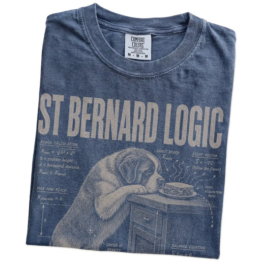 Folded Denim St Bernard Logic t-shirt showing the graphic