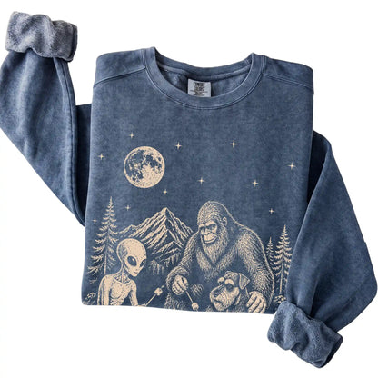 Denim Standard Schnauzer Camping with Bigfoot and Alien folded detail view