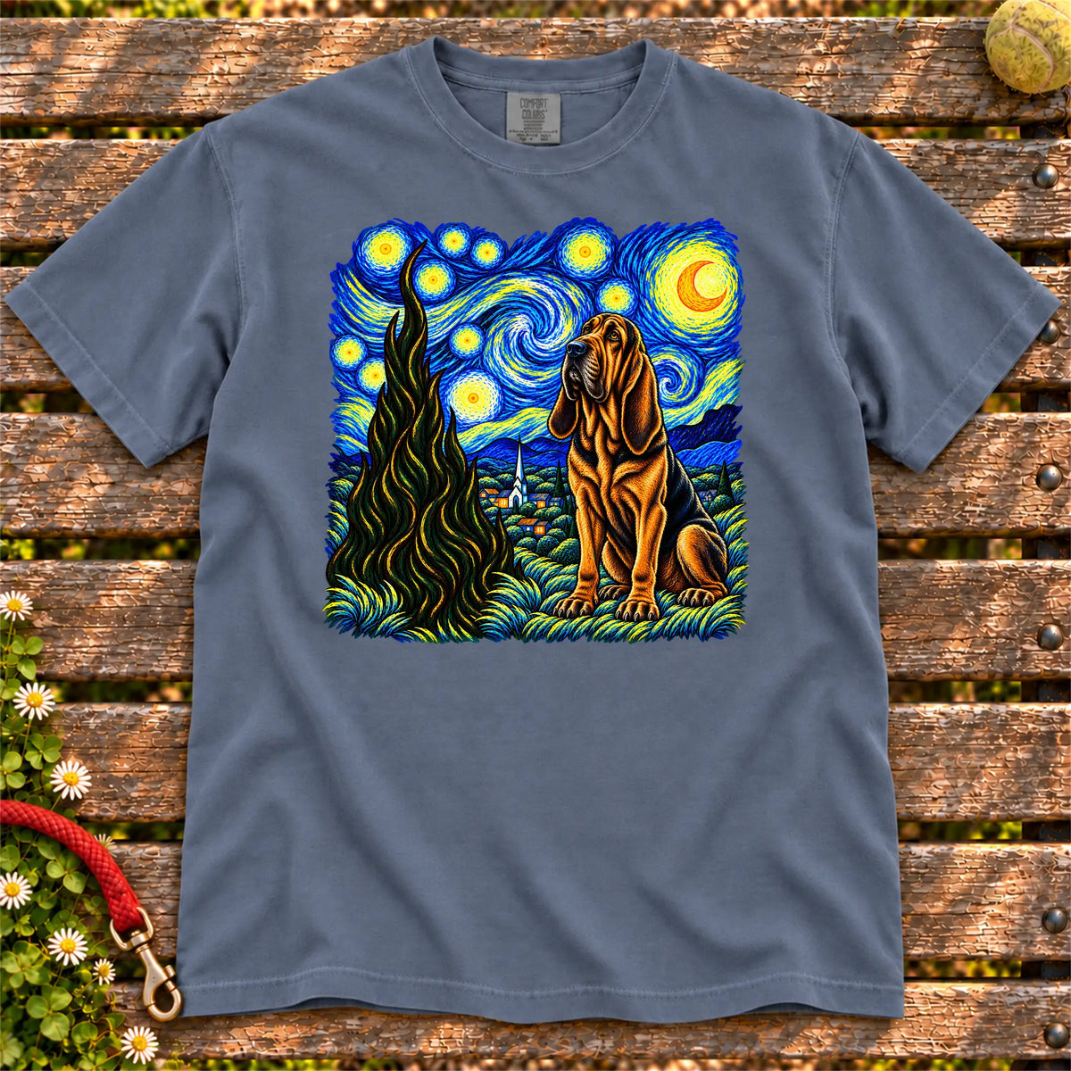 Colorful Bloodhound beneath a swirling starry night sky on a Denim T-shirt