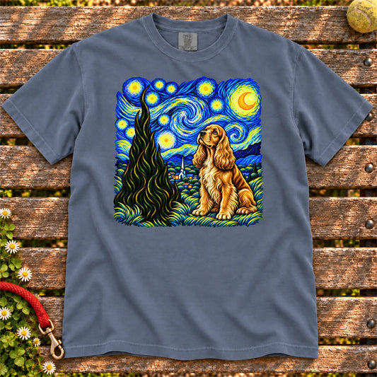Colorful Cocker Spaniel beneath a swirling starry night sky on a Denim T-shirt