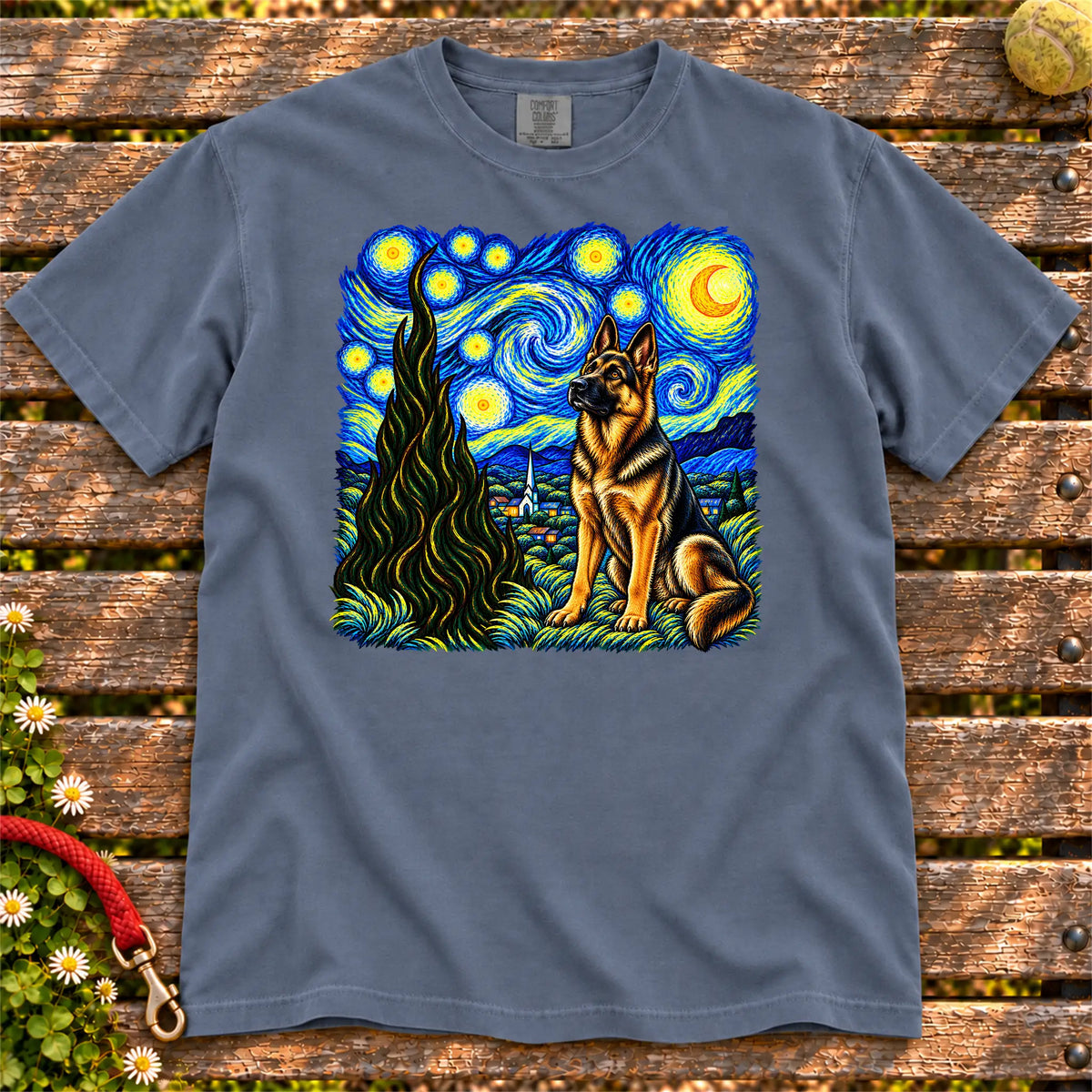 Colorful German Shepherd beneath a swirling starry night sky on a Denim T-shirt