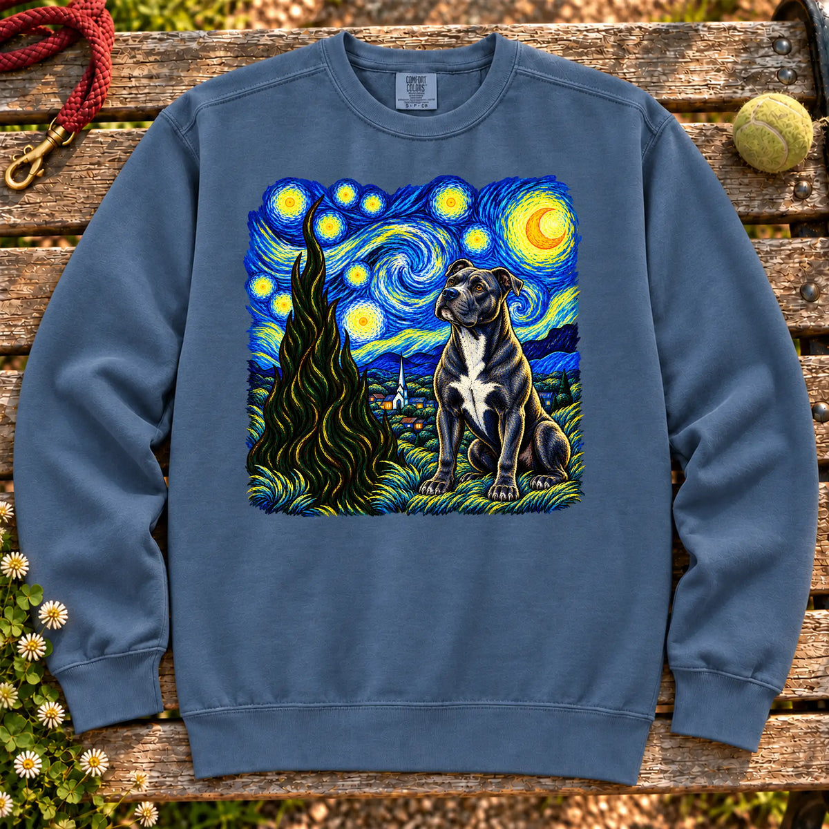 Colorful Pitbull beneath a swirling starry night sky on a Denim sweatshirt
