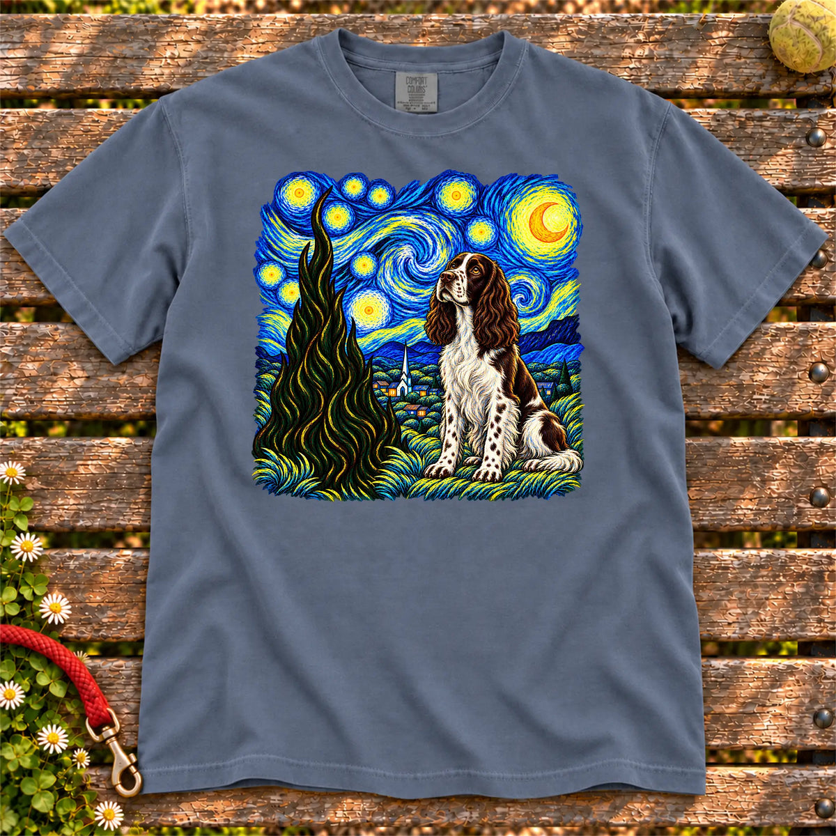 Colorful Springer Spaniel beneath a swirling starry night sky on a Denim T-shirt