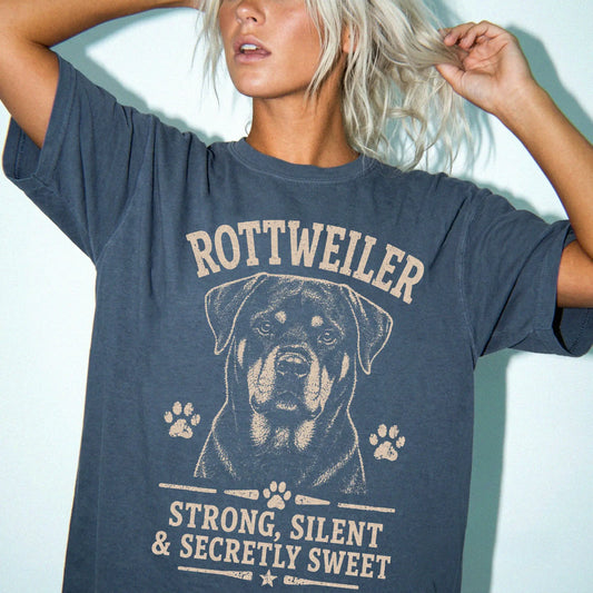 Model wearing a Denim Comfort Colors® T-shirt featuring Rottweiler design with “Strong, Silent & Secretly Sweet” lettering