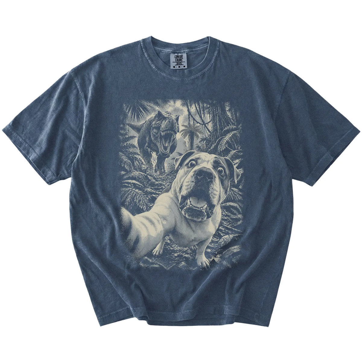 T-Rex Selfie American Bulldog Comfort Colors 1717 T-Shirt in Denim, flat lay