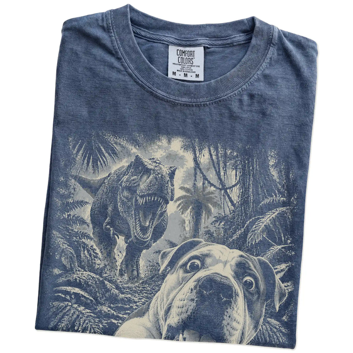 T-Rex Selfie American Bulldog Comfort Colors 1717 T-Shirt in Denim, folded detail