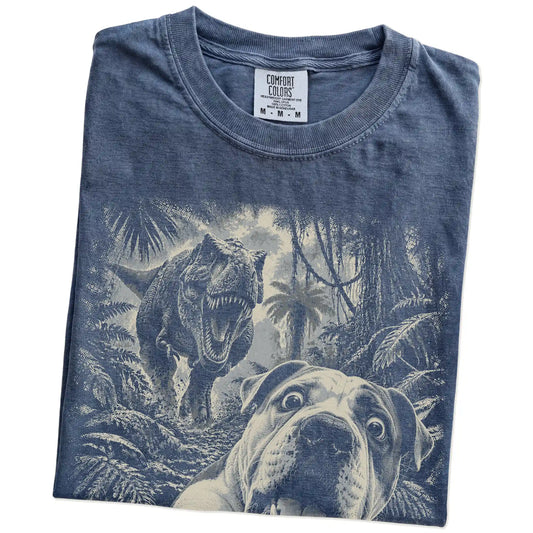 T-Rex Selfie American Bulldog Comfort Colors 1717 T-Shirt in Denim, folded detail