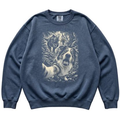 T-Rex Selfie Australian Shepherd Comfort Colors 1566 Sweatshirt in Denim, flat lay