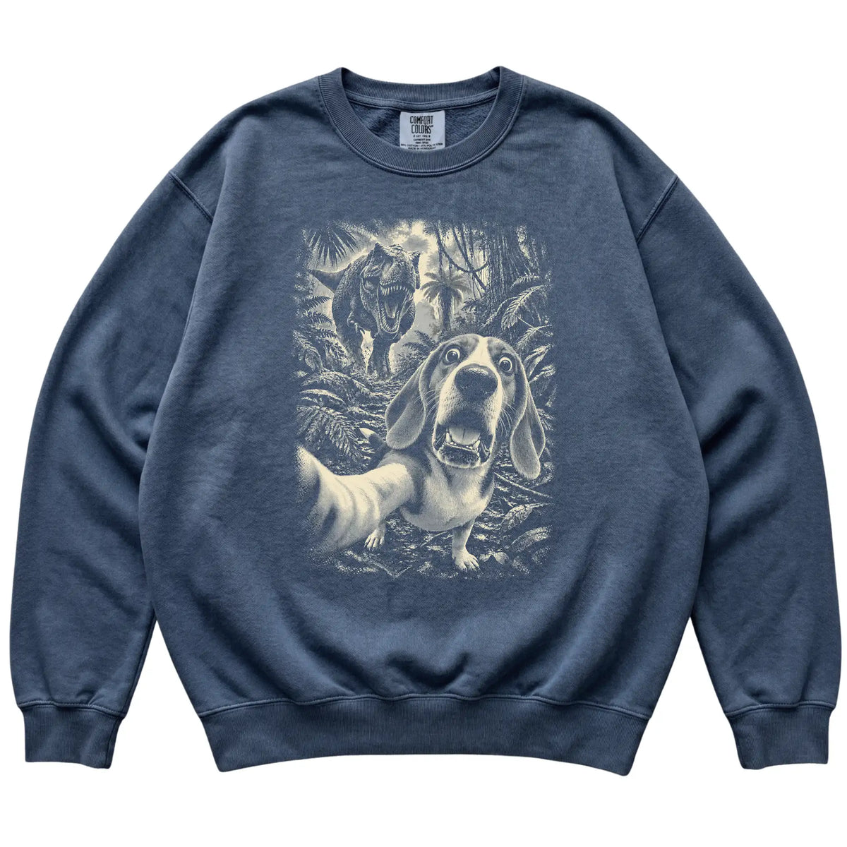 T-Rex Selfie Beagle Comfort Colors 1566 Sweatshirt in Denim, flat lay