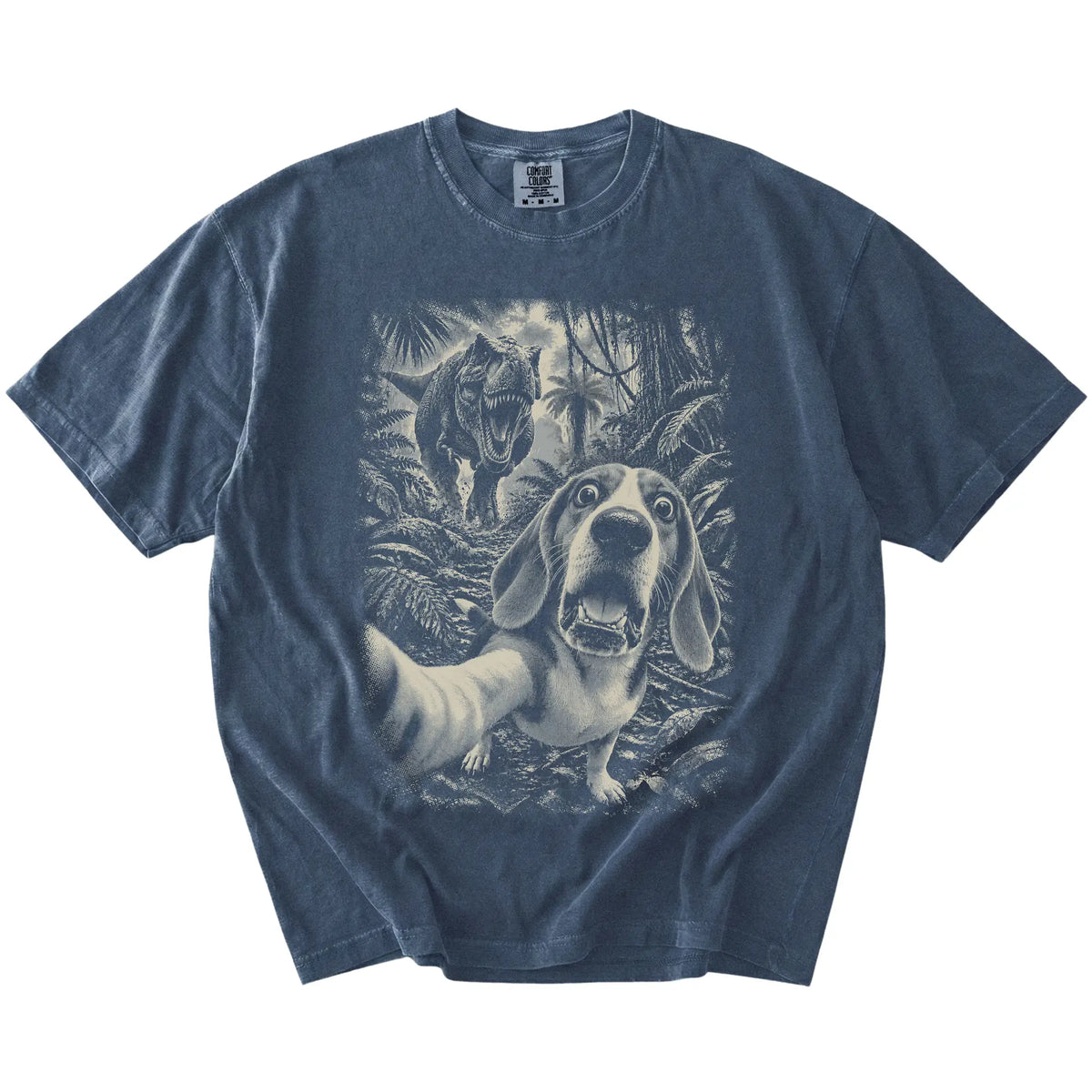 T-Rex Selfie Beagle Comfort Colors 1717 T-Shirt in Denim, flat lay