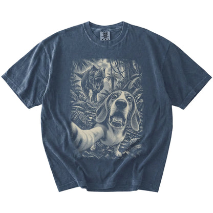 T-Rex Selfie Beagle Comfort Colors 1717 T-Shirt in Denim, flat lay