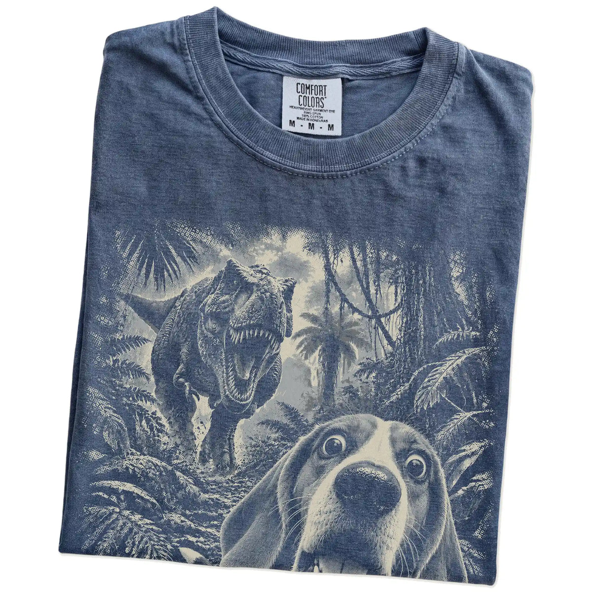 T-Rex Selfie Beagle Comfort Colors 1717 T-Shirt in Denim, folded detail