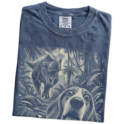 T-Rex Selfie Beagle Comfort Colors 1717 T-Shirt in Denim, folded detail
