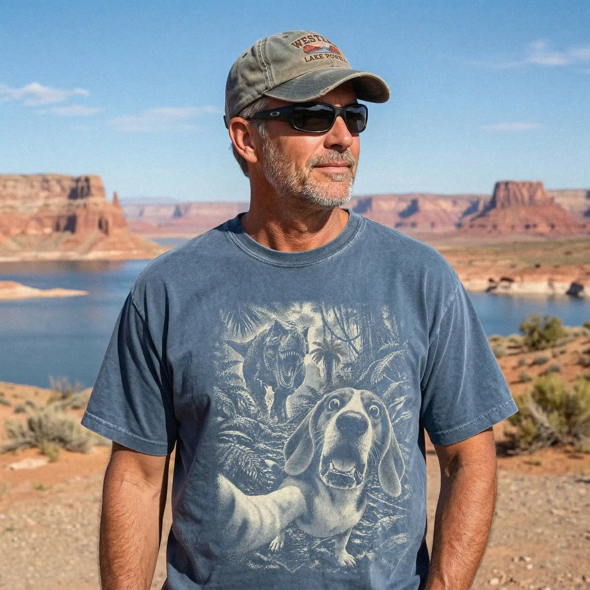 T-Rex Selfie Beagle Comfort Colors 1717 T-Shirt in Denim, studio lifestyle