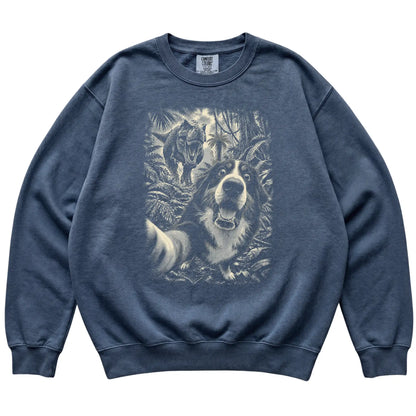 T-Rex Selfie Bernese Mountain Dog Comfort Colors 1566 Sweatshirt in Denim, flat lay