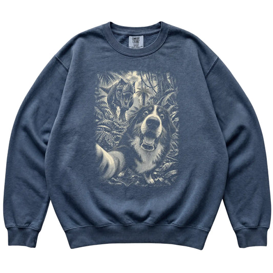 T-Rex Selfie Bernese Mountain Dog Comfort Colors 1566 Sweatshirt in Denim, flat lay
