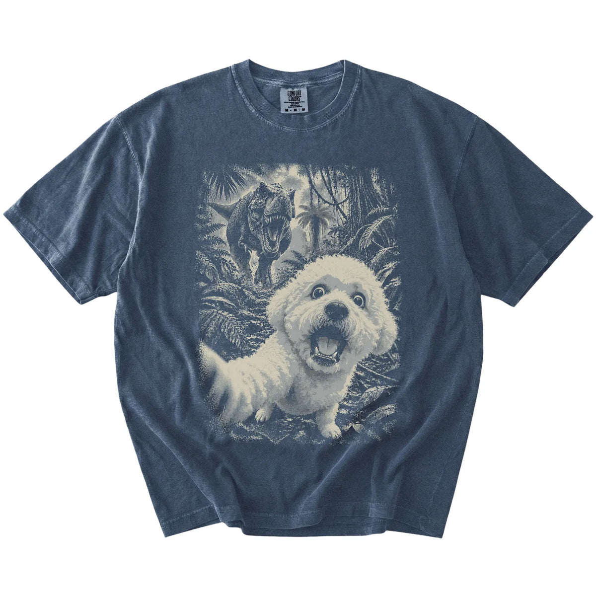 T-Rex Selfie Bichon Frise Comfort Colors 1717 T-Shirt in Denim, flat lay