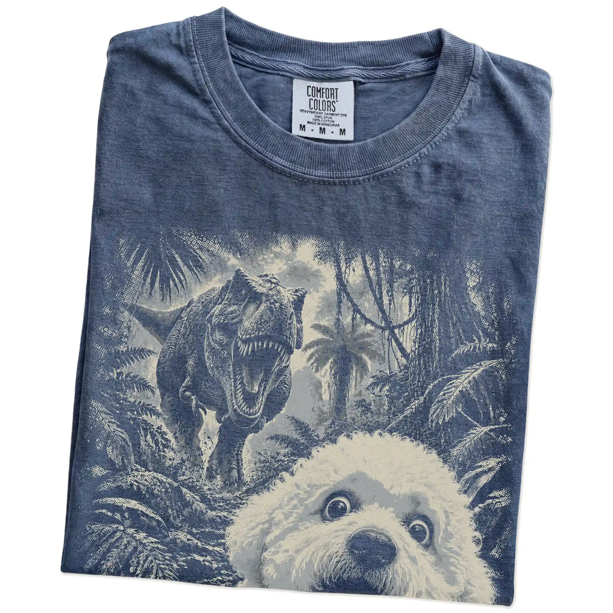 T-Rex Selfie Bichon Frise Comfort Colors 1717 T-Shirt in Denim, folded detail