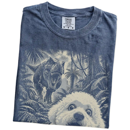 T-Rex Selfie Bichon Frise Comfort Colors 1717 T-Shirt in Denim, folded detail