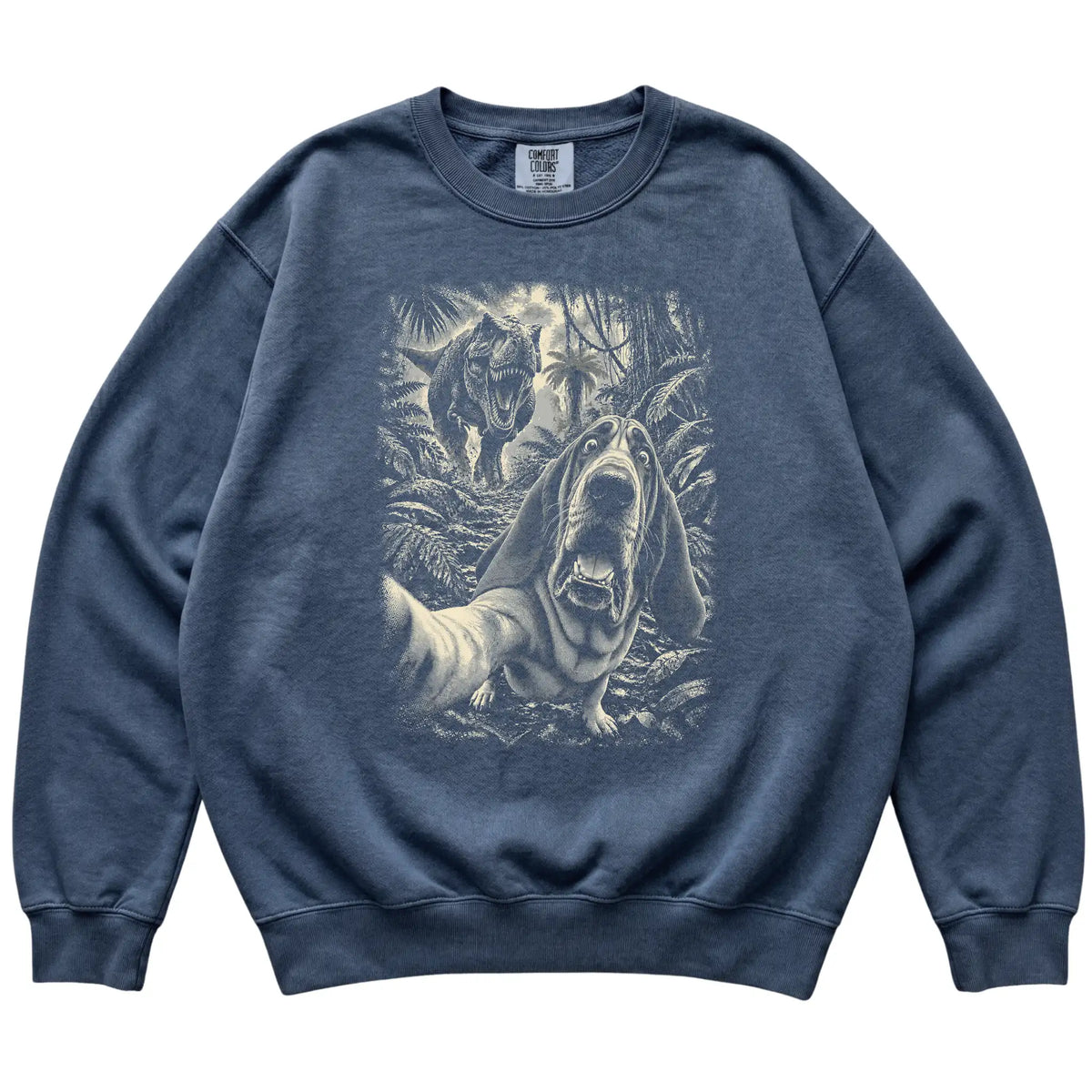 T-Rex Selfie Bloodhound Comfort Colors 1566 Sweatshirt in Denim, flat lay
