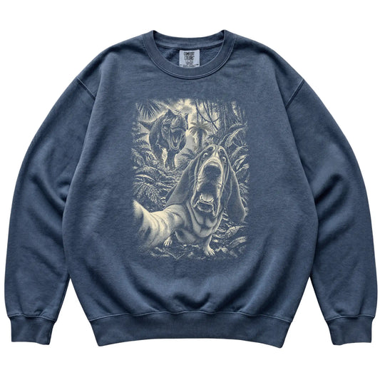 T-Rex Selfie Bloodhound Comfort Colors 1566 Sweatshirt in Denim, flat lay