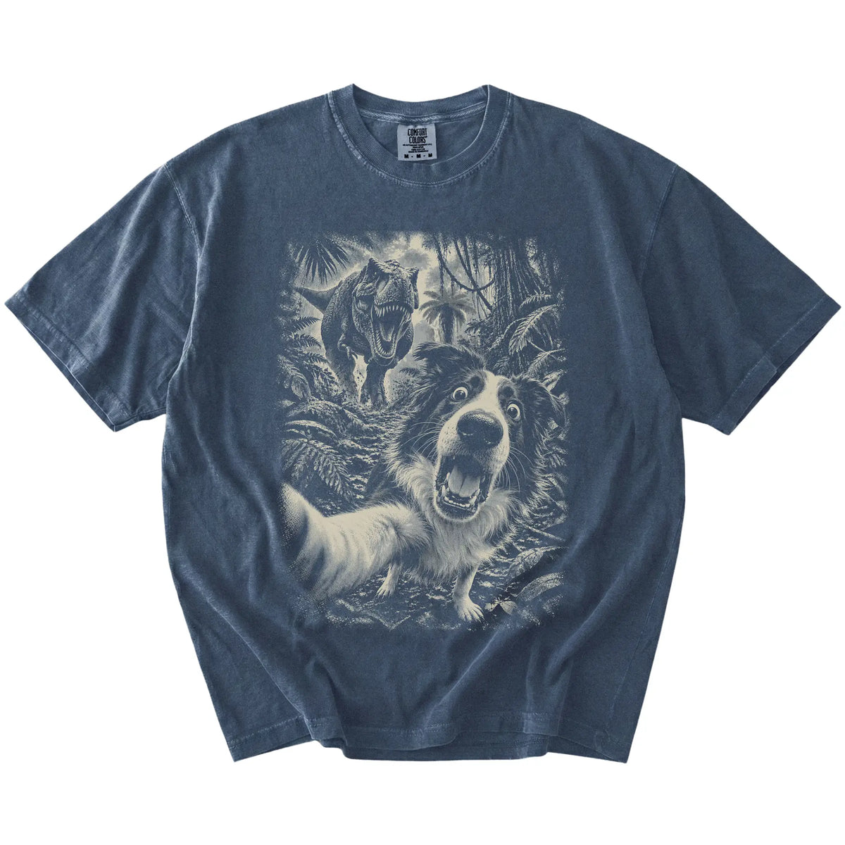 T-Rex Selfie Border Collie Comfort Colors 1717 T-Shirt in Denim, flat lay