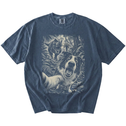 T-Rex Selfie Border Collie Comfort Colors 1717 T-Shirt in Denim, flat lay