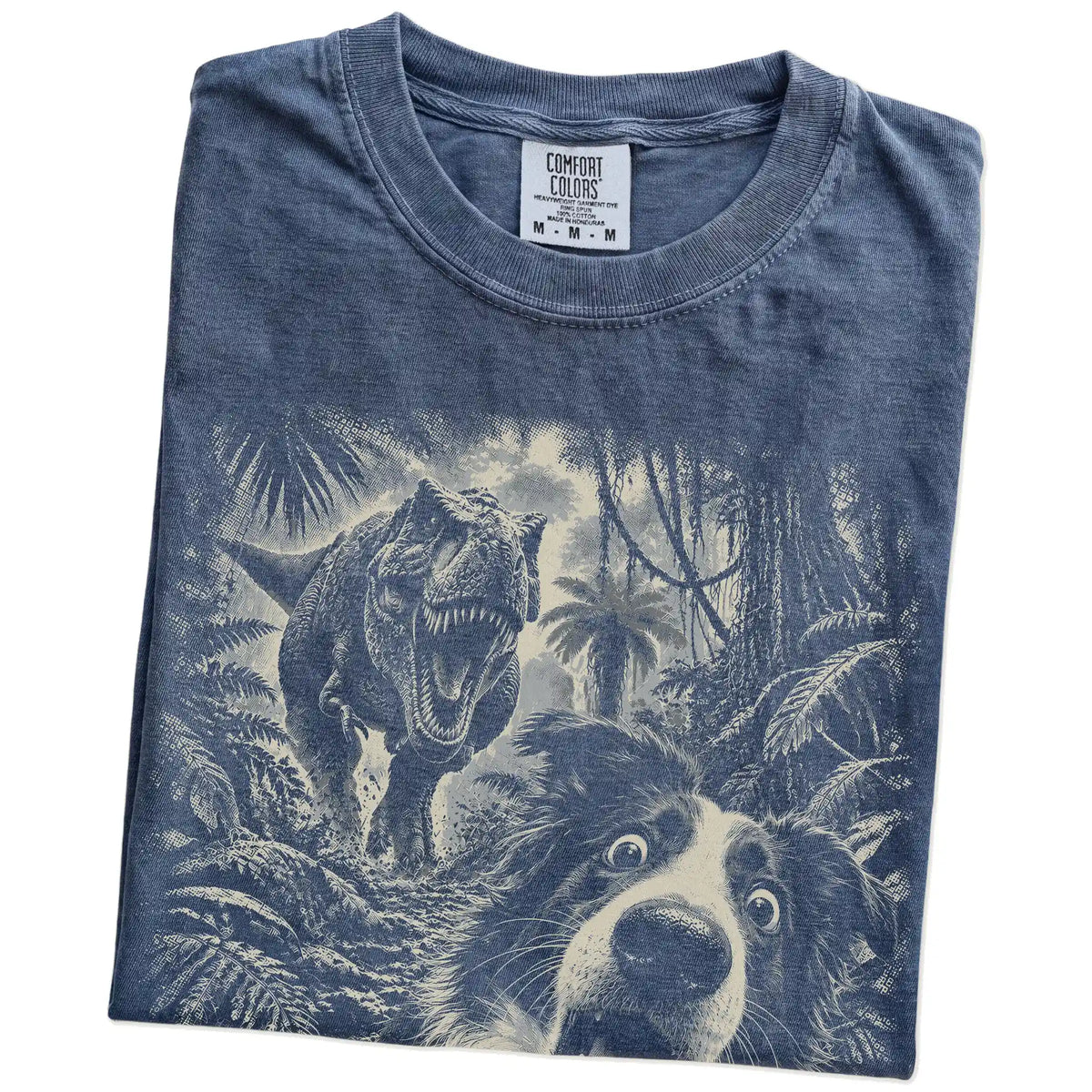 T-Rex Selfie Border Collie Comfort Colors 1717 T-Shirt in Denim, folded detail