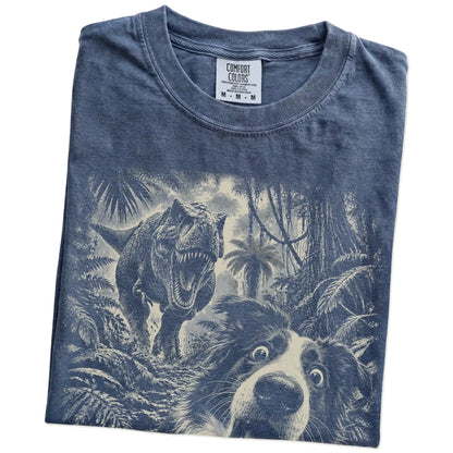 T-Rex Selfie Border Collie Comfort Colors 1717 T-Shirt in Denim, folded detail