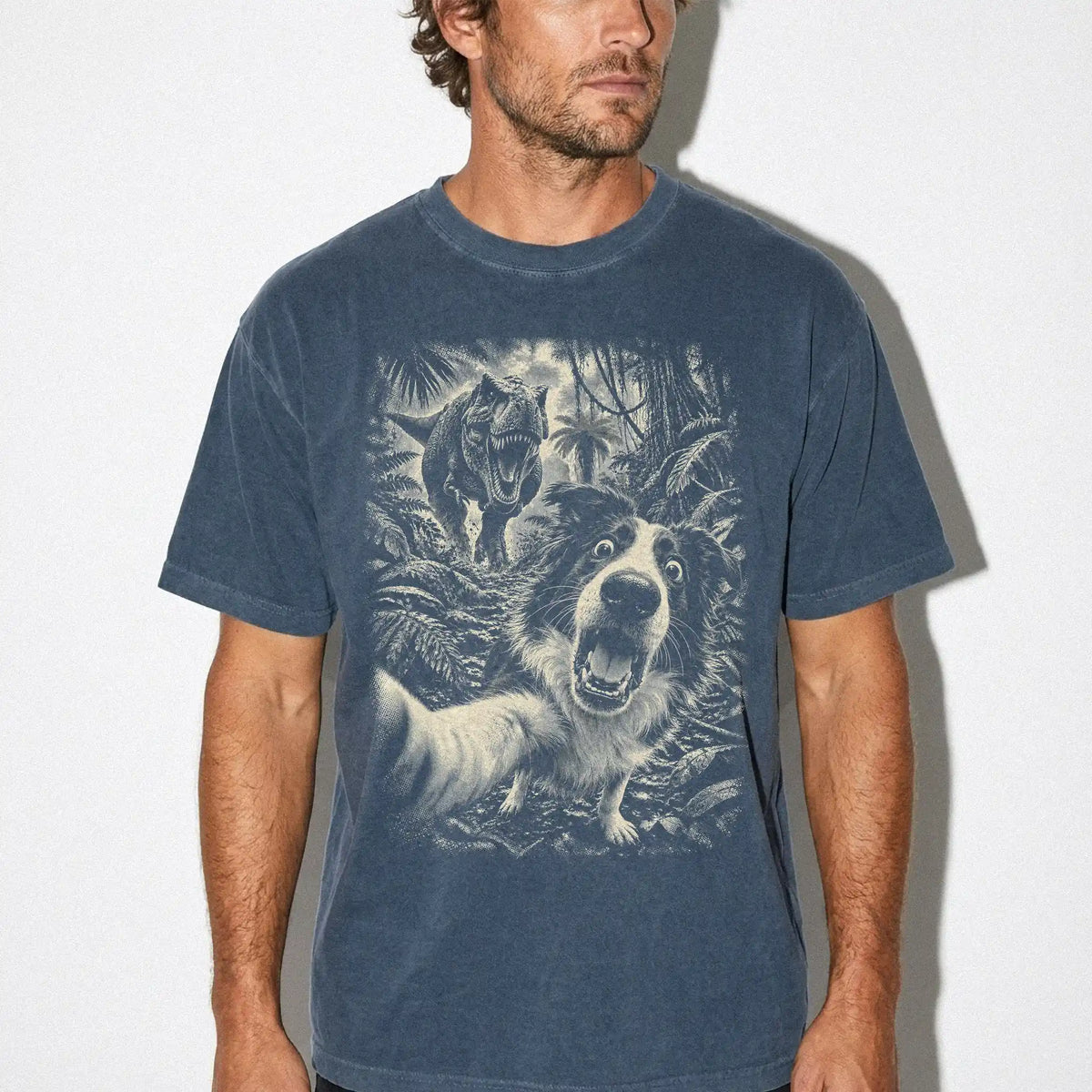 T-Rex Selfie Border Collie Comfort Colors 1717 T-Shirt in Denim, studio lifestyle