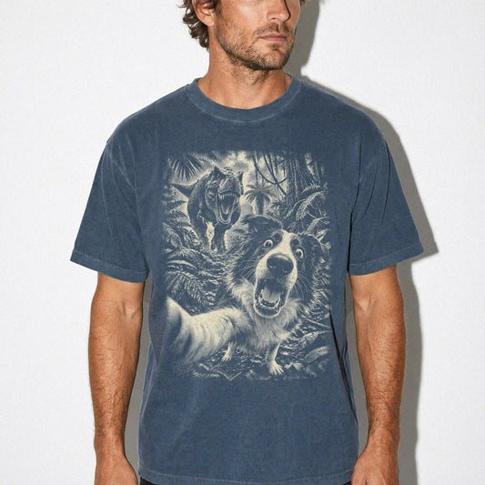 T-Rex Selfie Border Collie Comfort Colors 1717 T-Shirt in Denim, studio lifestyle