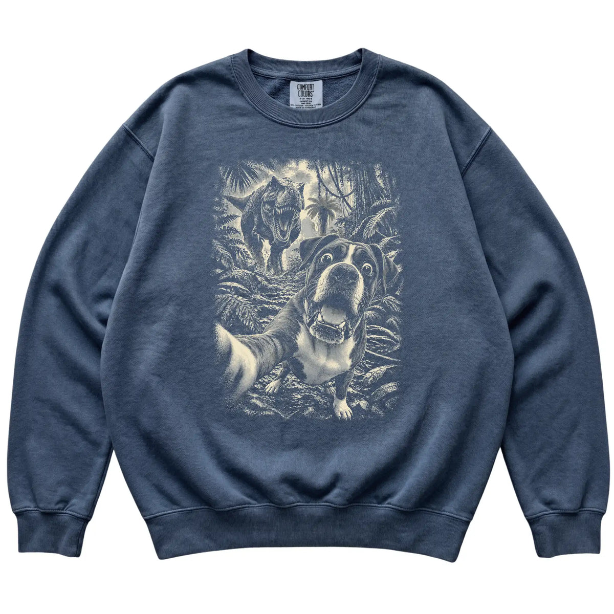 T-Rex Selfie Boxer Comfort Colors 1566 Sweatshirt in Denim, flat lay
