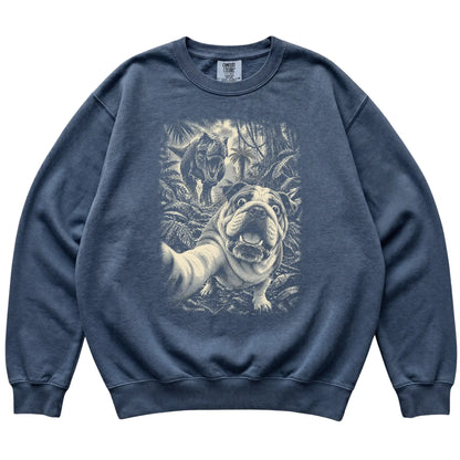 T-Rex Selfie English Bulldog Comfort Colors 1566 Sweatshirt in Denim, flat lay