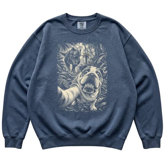 T-Rex Selfie English Bulldog Comfort Colors 1566 Sweatshirt in Denim, flat lay