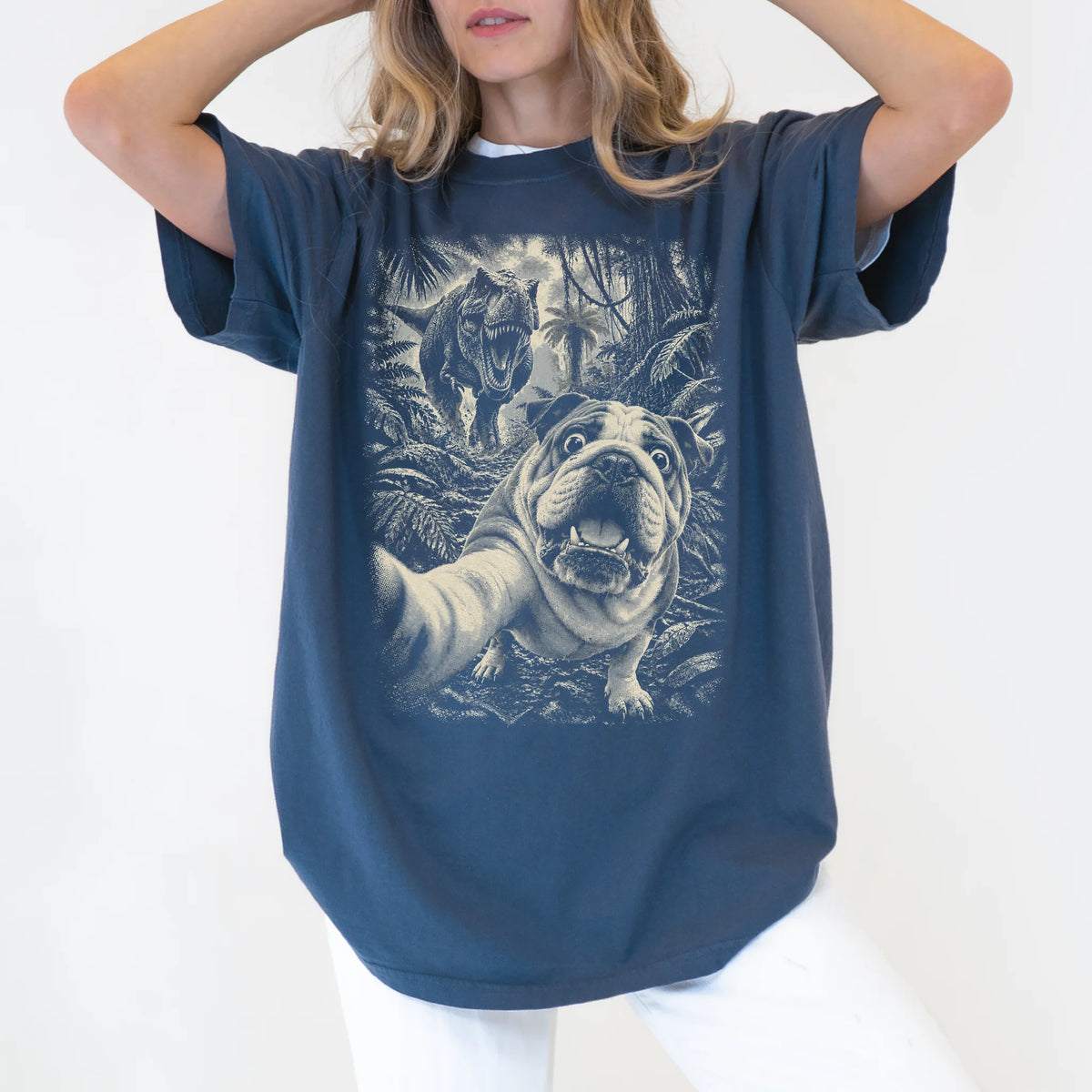 T-Rex Selfie English Bulldog Comfort Colors 1717 T-Shirt in Denim, studio lifestyle