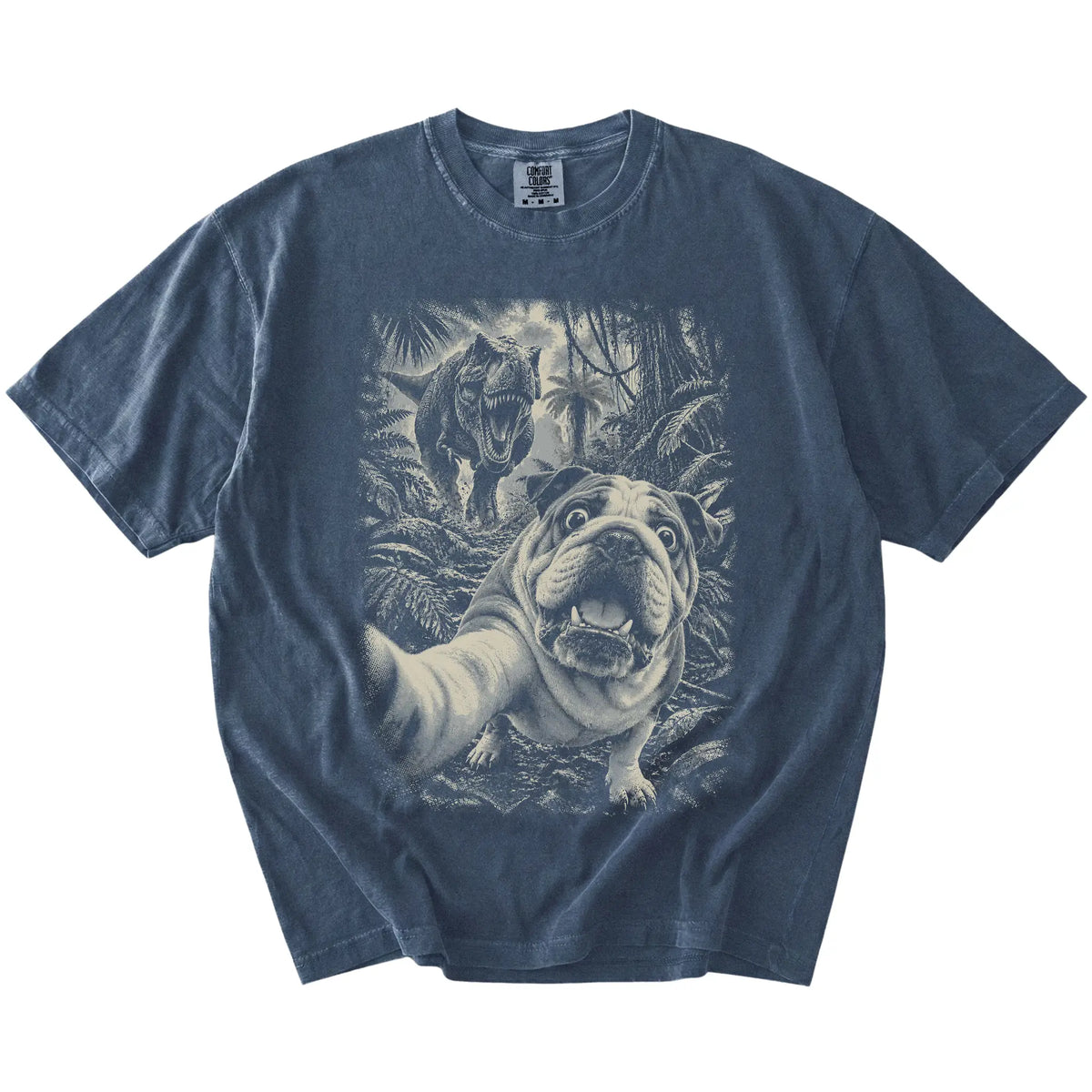 T-Rex Selfie English Bulldog Comfort Colors 1717 T-Shirt in Denim, flat lay