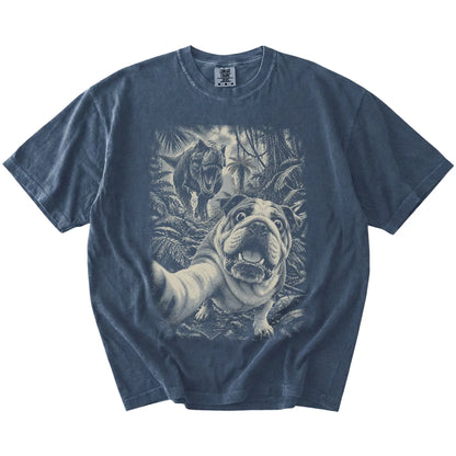 T-Rex Selfie English Bulldog Comfort Colors 1717 T-Shirt in Denim, flat lay