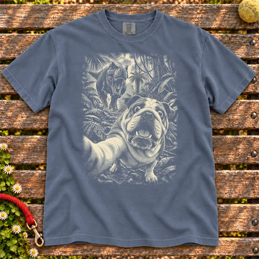 English Bulldog T-Rex Selfie Comfort Colors T-shirt in Denim