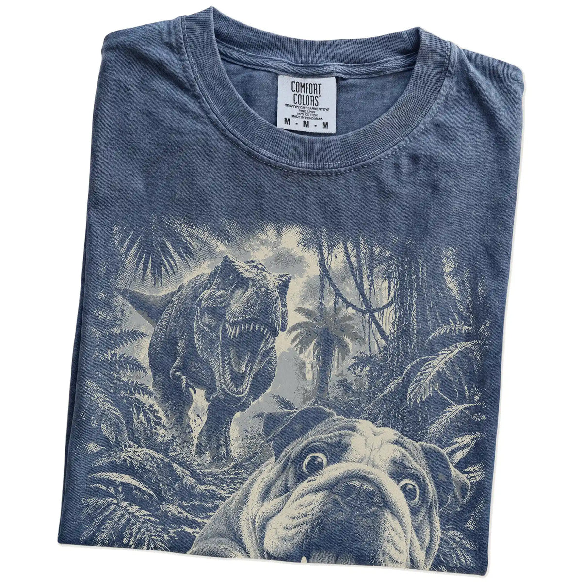 T-Rex Selfie English Bulldog Comfort Colors 1717 T-Shirt in Denim, folded detail