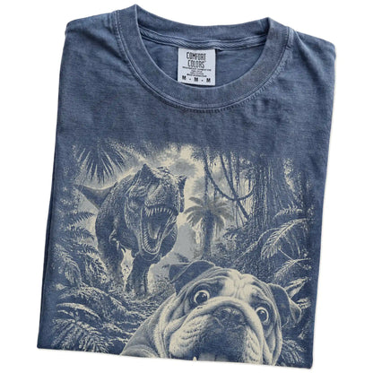 T-Rex Selfie English Bulldog Comfort Colors 1717 T-Shirt in Denim, folded detail
