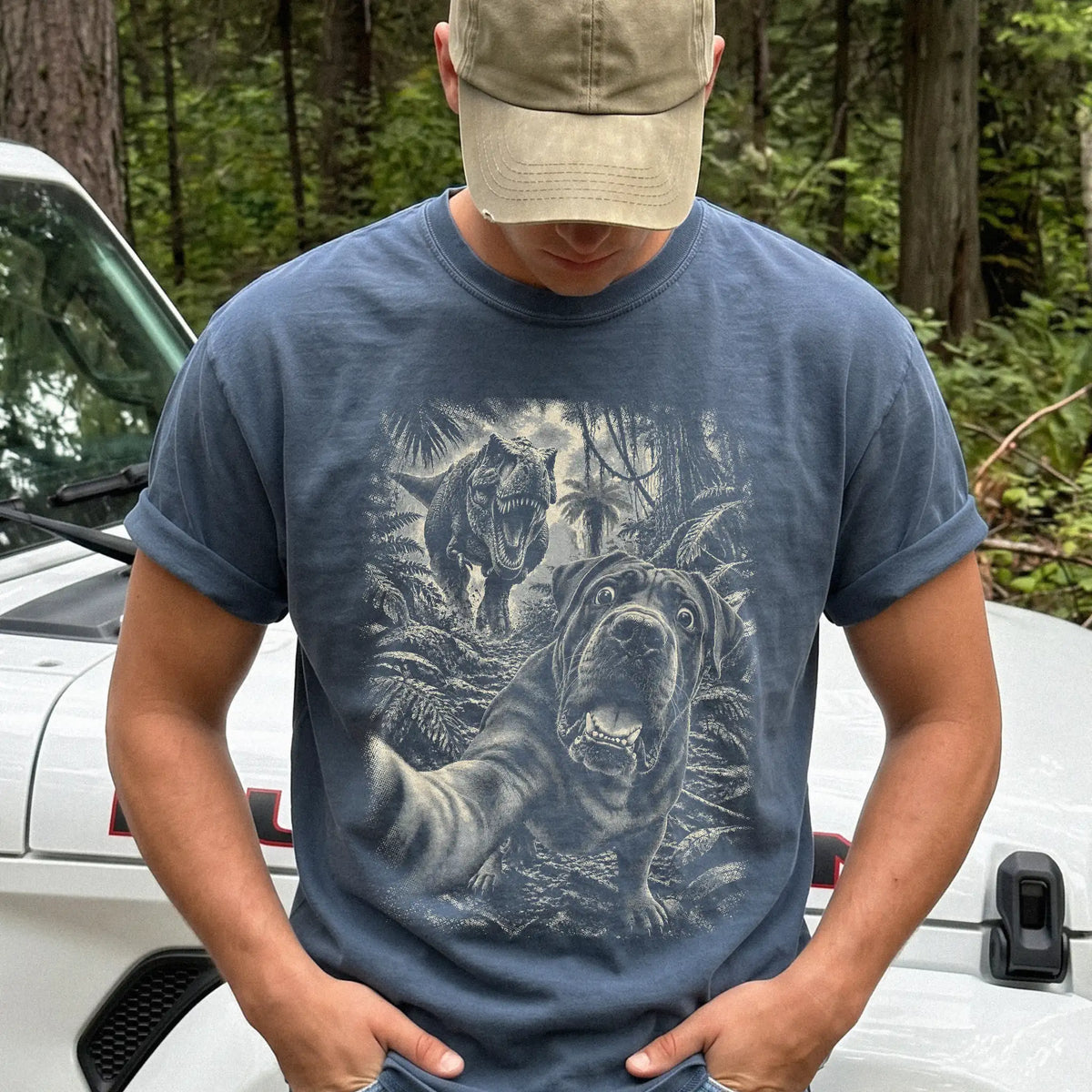 T-Rex Selfie Cane Corso Comfort Colors 1717 T-Shirt in Denim, studio lifestyle