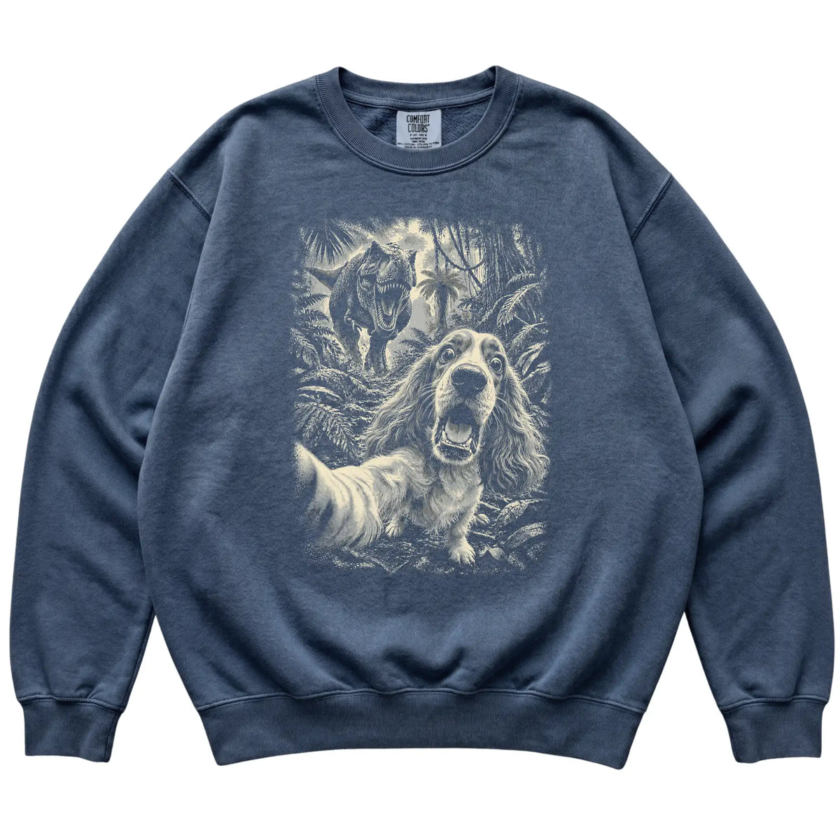 T-Rex Selfie Cocker Spaniel Comfort Colors 1566 Sweatshirt in Denim, flat lay