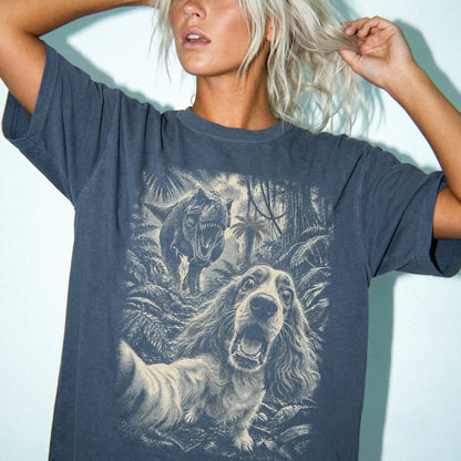 T-Rex Selfie Cocker Spaniel Comfort Colors 1717 T-Shirt in Denim, studio lifestyle