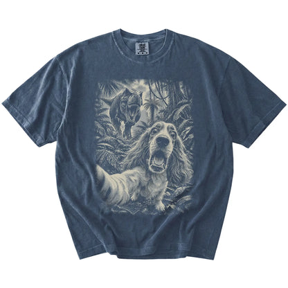 T-Rex Selfie Cocker Spaniel Comfort Colors 1717 T-Shirt in Denim, flat lay