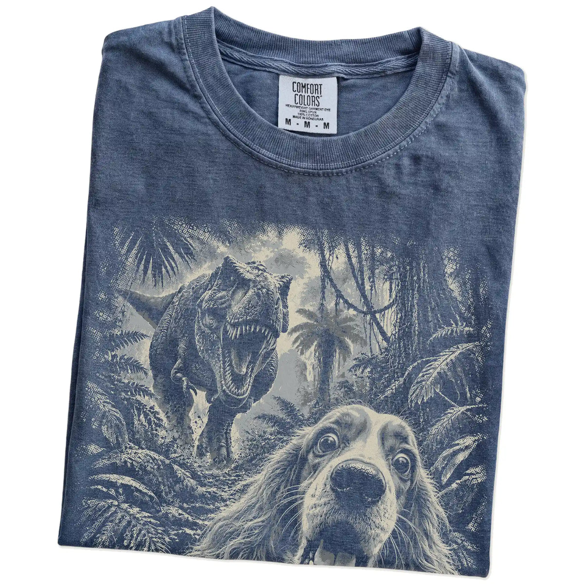 T-Rex Selfie Cocker Spaniel Comfort Colors 1717 T-Shirt in Denim, folded detail
