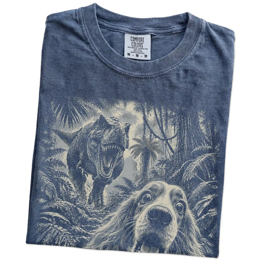 T-Rex Selfie Cocker Spaniel Comfort Colors 1717 T-Shirt in Denim, folded detail