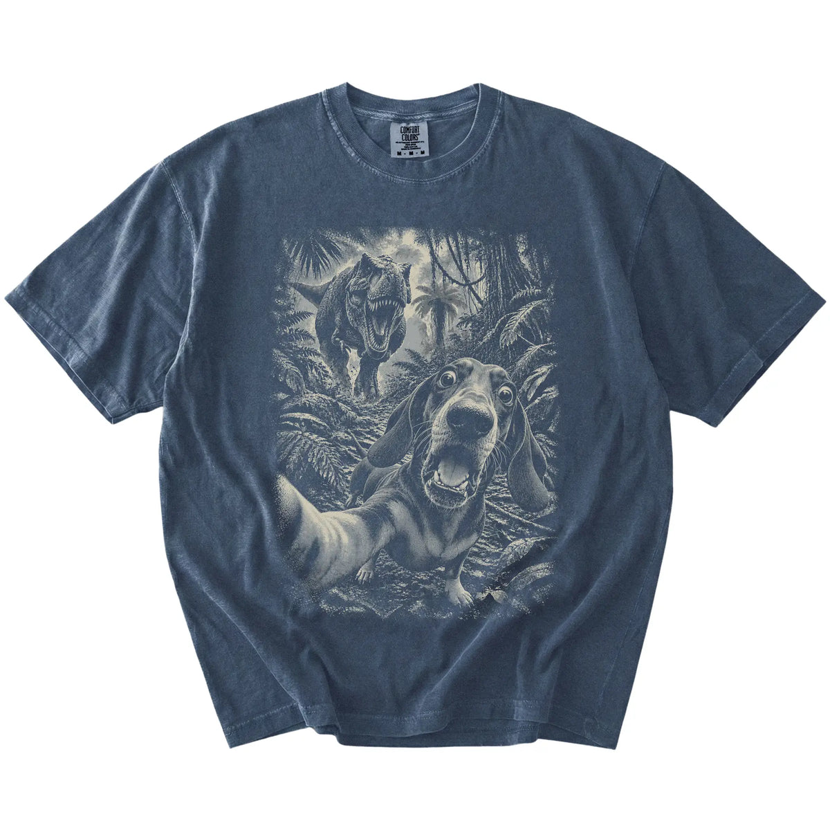 T-Rex Selfie Dachshund Comfort Colors 1717 T-Shirt in Denim, flat lay