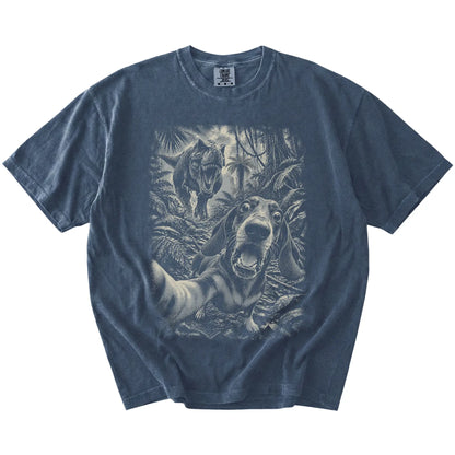 T-Rex Selfie Dachshund Comfort Colors 1717 T-Shirt in Denim, flat lay