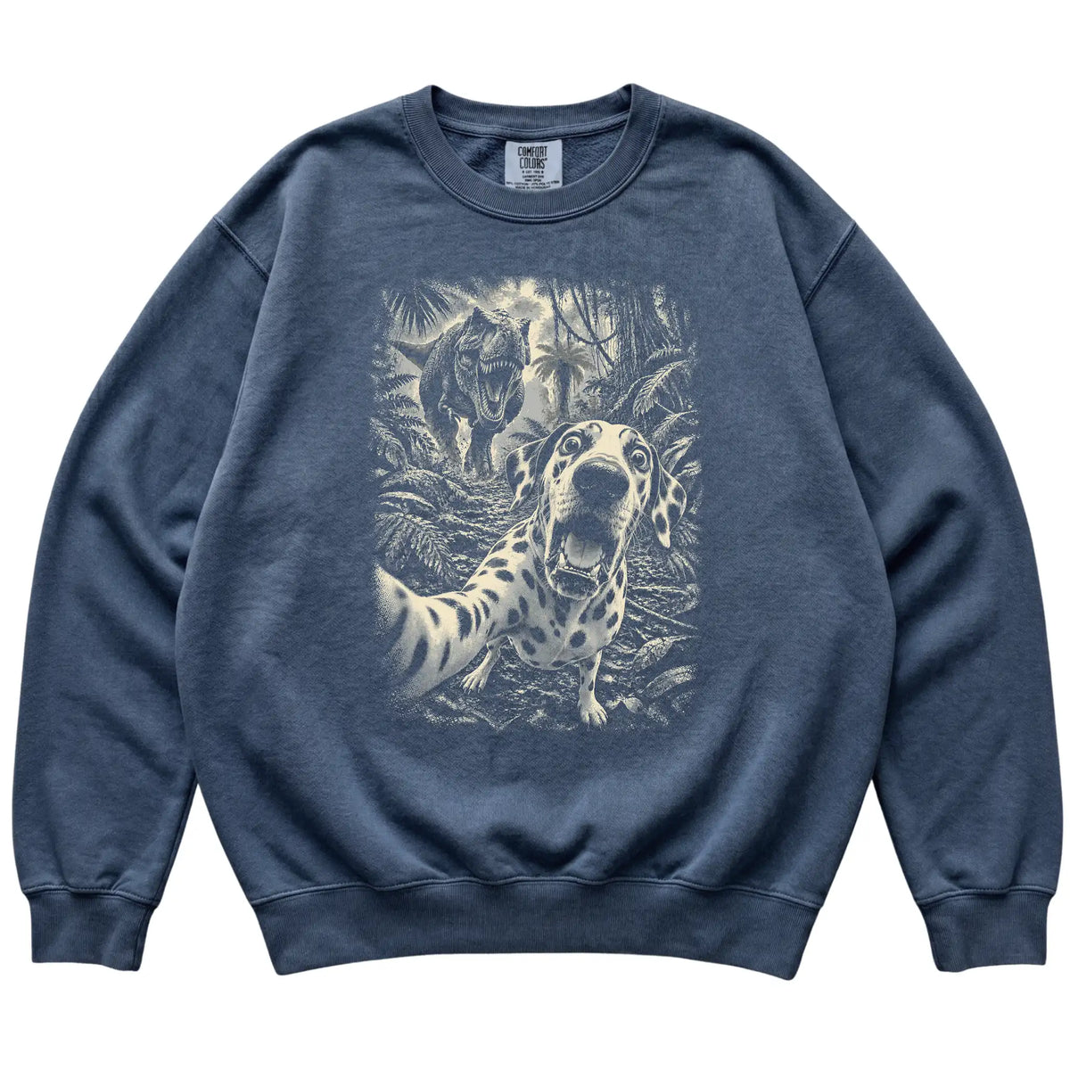 T-Rex Selfie Dalmatian Comfort Colors 1566 Sweatshirt in Denim, flat lay